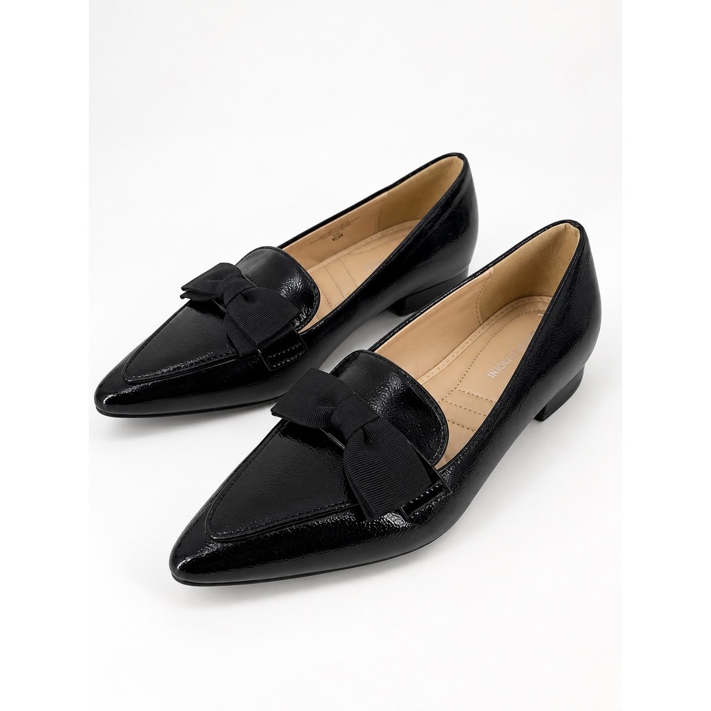 Adrienne Vittadini Pauletta Loafer Size 8.5 Black Faux Patent Leather Bow Preppy